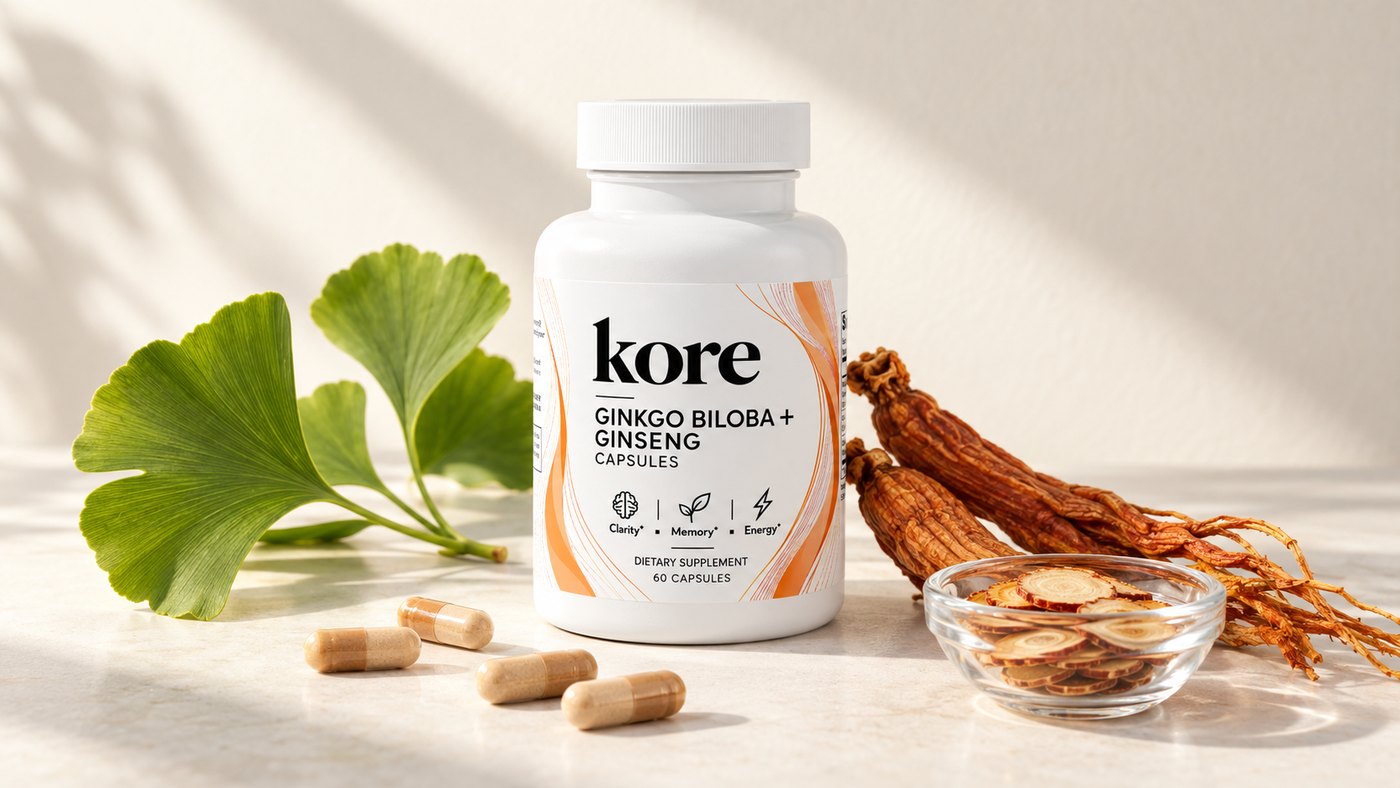 product: bottle with ginkgo leaves and ginseng