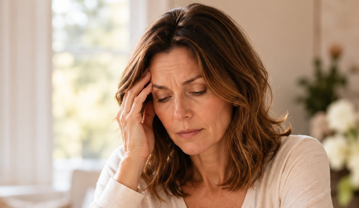 Woman at her kitchen table, hand to her temple, trying to hold a thought